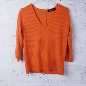 Magaschoni Womens XS Cashmere V-Neck Sweater Orange Back Zip 3/4‎ Sleeve